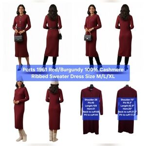 Ports 1961 Red/Burgundy 100% Cashmere Ribbed Sweater Dress Size M/L/XL